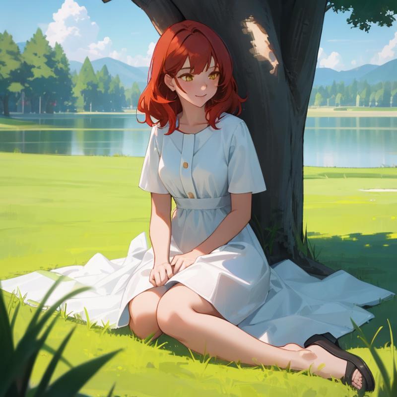 00141-2299588985-1Girl, mature, American, redhead, medium hair, yellow eyes, sitting on a picnic blanket near a lake, elegant summer dress, happy.png